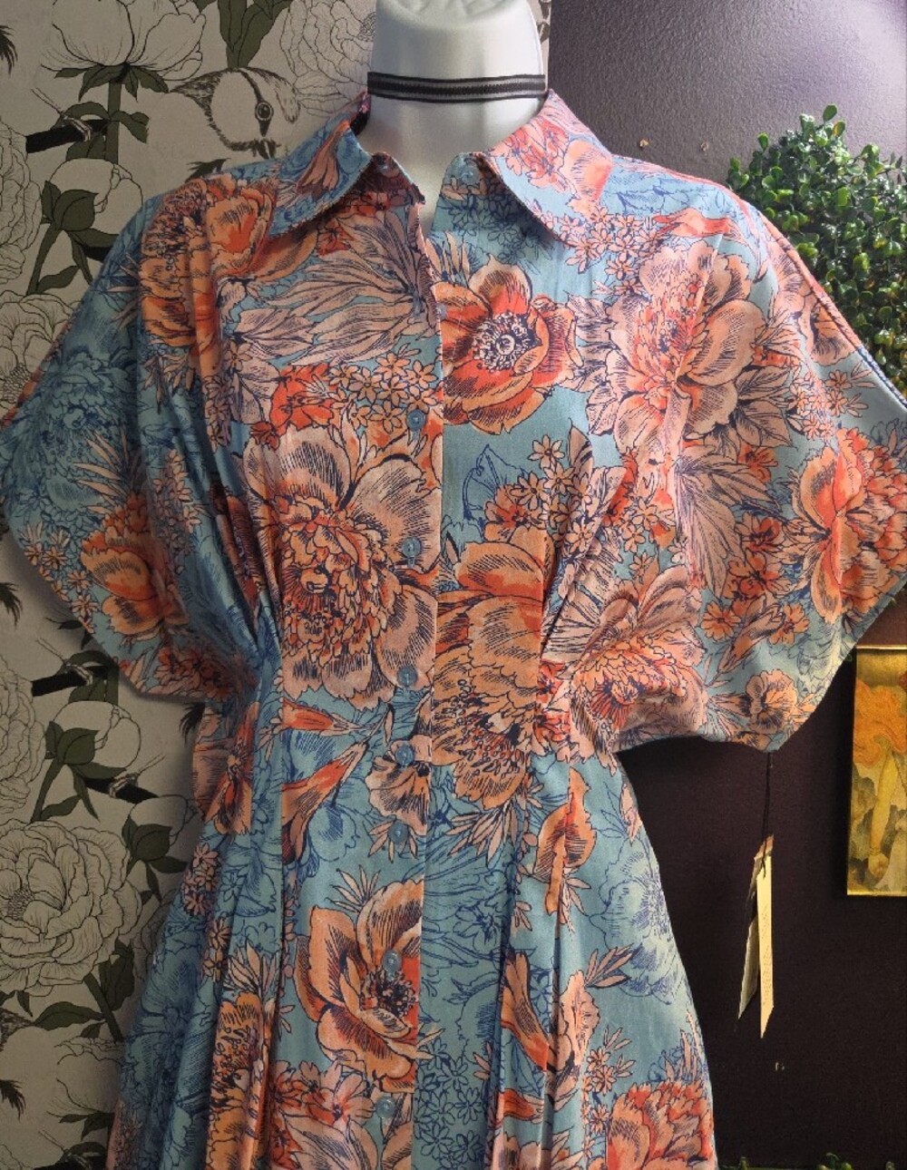 Pleated Floral Riot Shirt Dress By Nicole Miller -Bat Wing Style Sleeves - Sz 10 - Picture 4 of 10